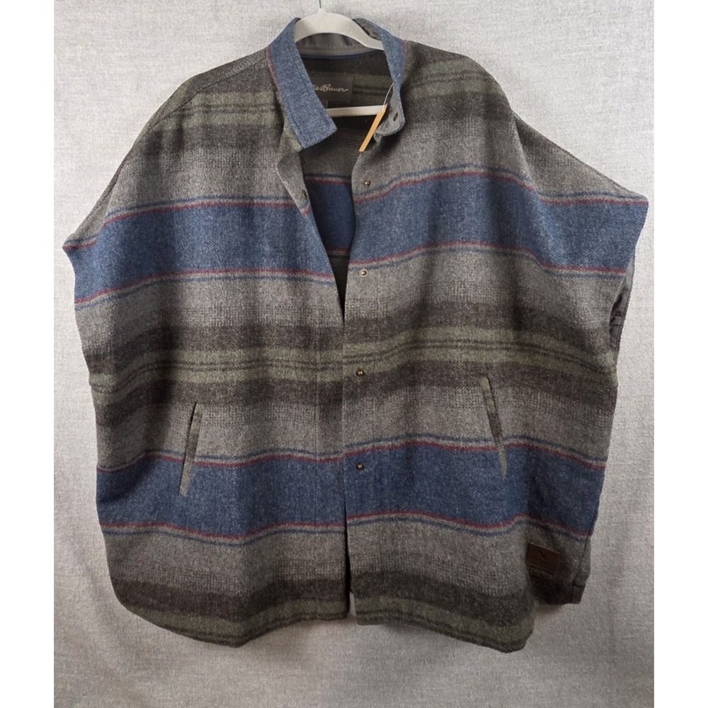 Eddie Bauer Sonoma Cape Poncho M Wool Blend Blue Gray Stripe Boho Aztec Western